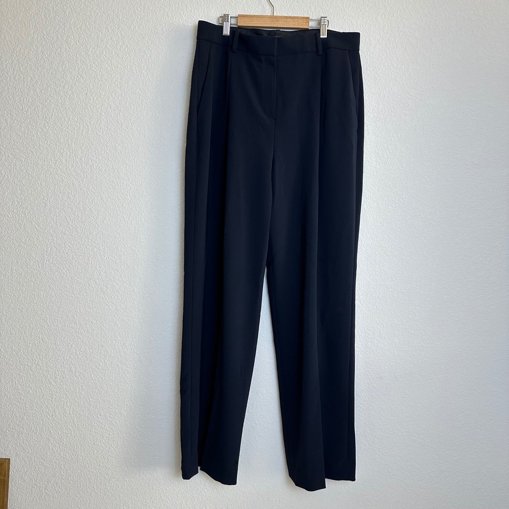 Theory Navy Blue Pleat Trouser Regent Crepe High Rise Straight Leg Pants Size 12 - Picture 2 of 8